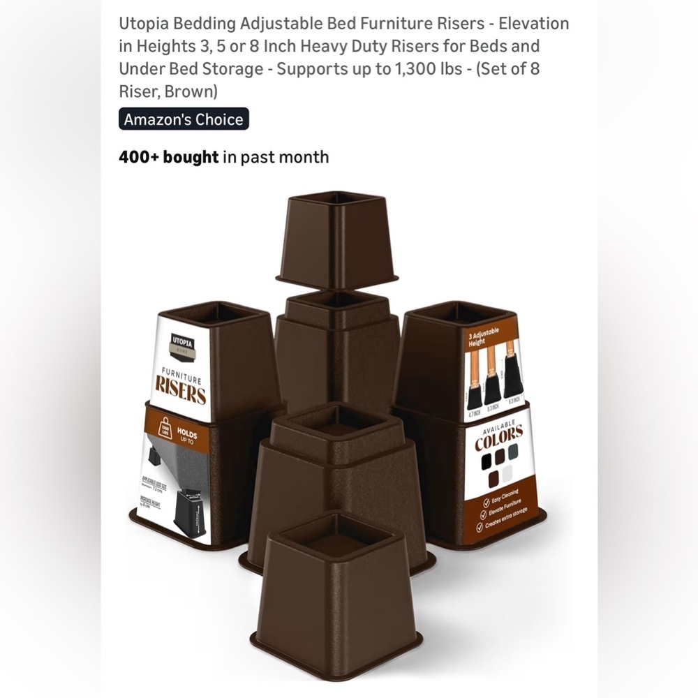 new- UTOPIA Brown 
Set of 8 Furniture 
Bed Risers Easy Storage idea